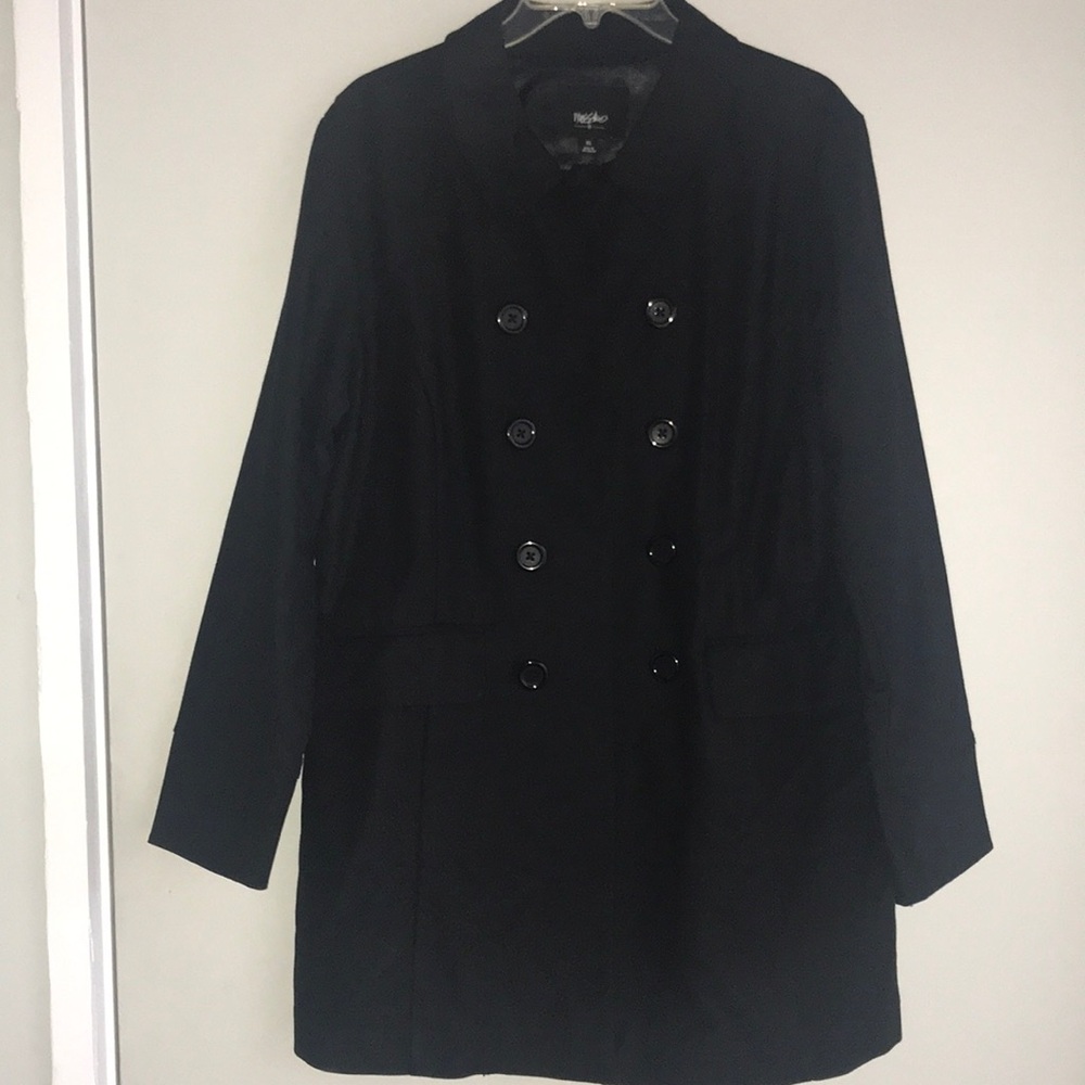Mossimo black double breasted trench; size XL